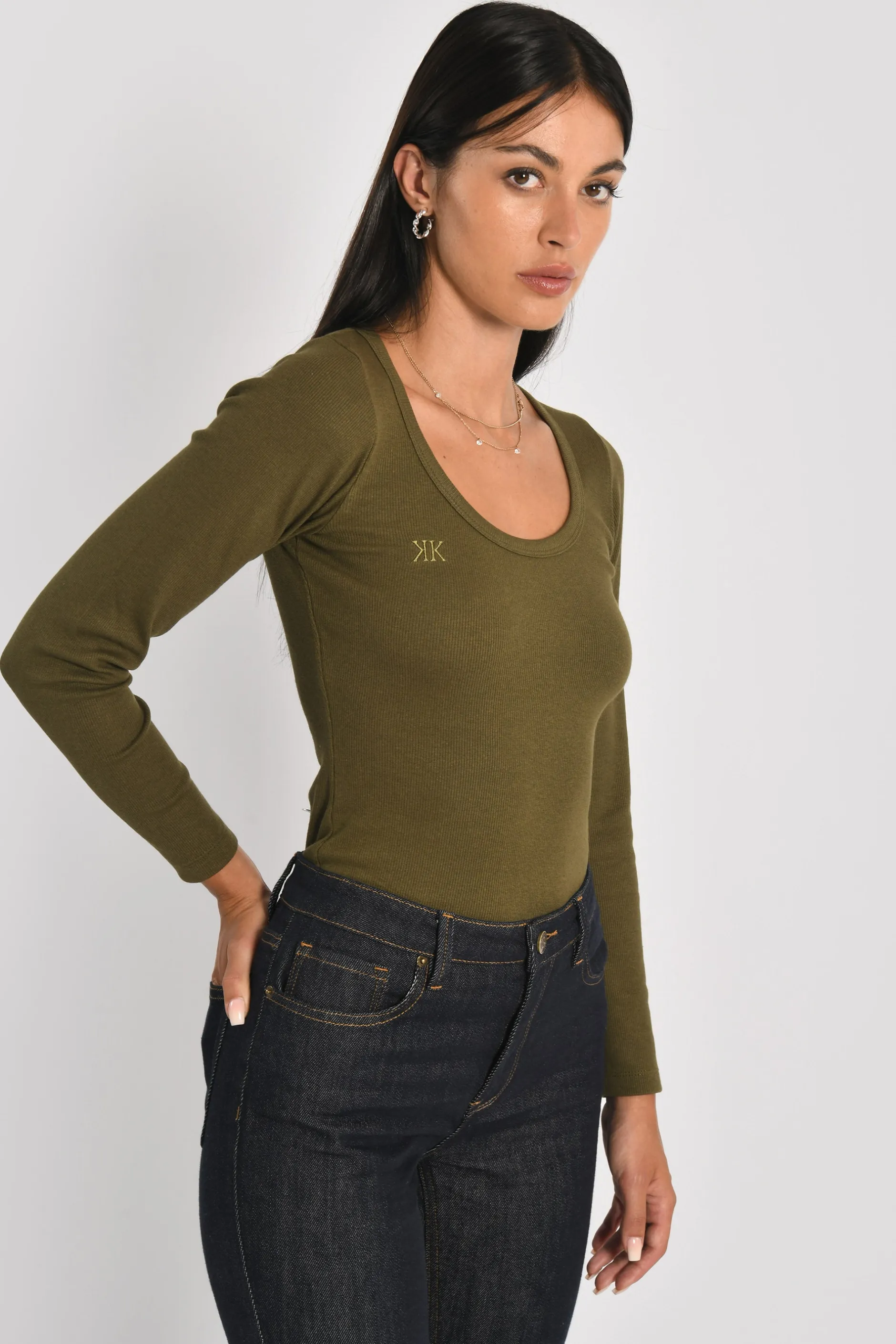 Shop KOOKAÏ T-SHIRT FINES COTES COL DANSEUSE MERRY Kaki